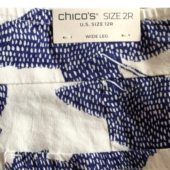 Chico's Pants NWT Women's Size (12) Linen Vacation Colorful Blue Leaf Wide Leg - Picture 4 of 9